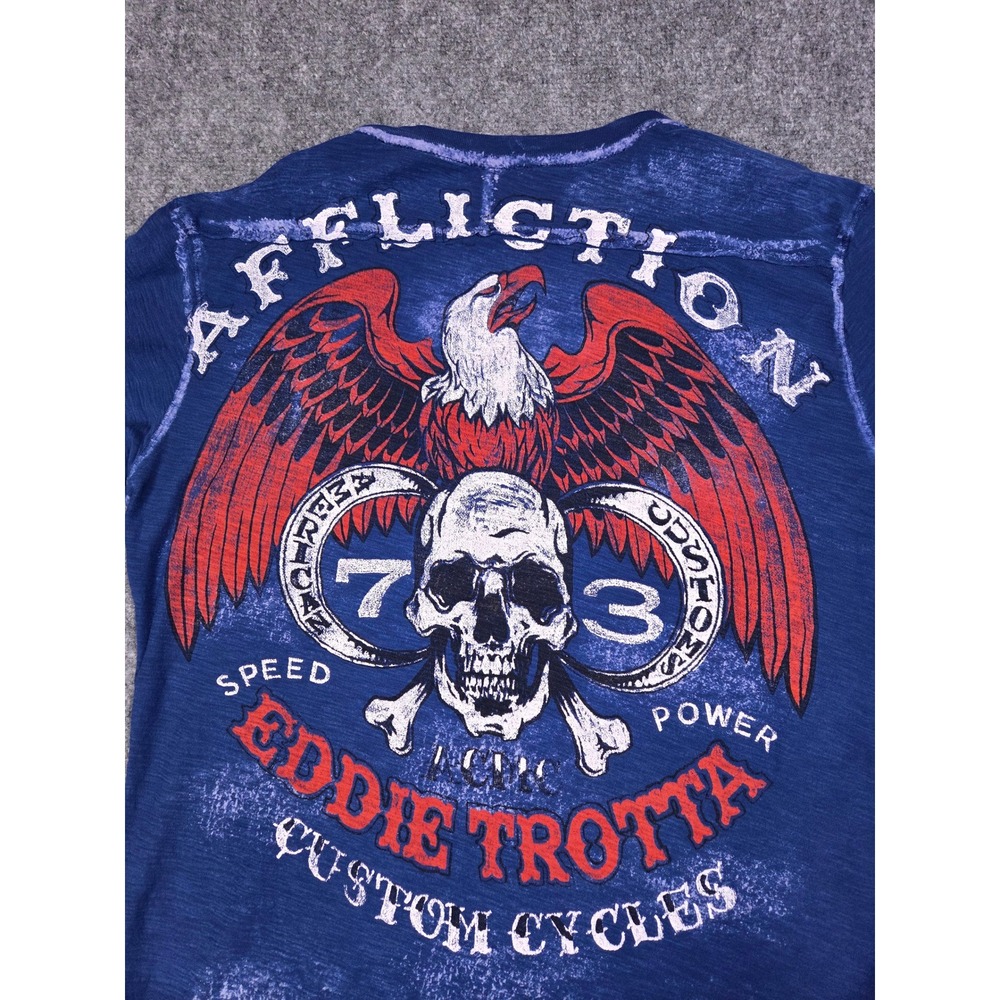 Affliction Henley Shirt Mens XL Blue Eddie Trotta Custom Cycles Skull Graphic